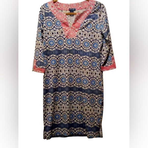 Caribbean Joe -NWOT Geometric Designrd Dress, 3/4 Sleeves W/Slits & Bottom Slits - Picture 7 of 12